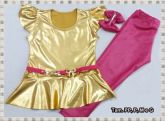 Conjunto Peplum Cirrê Blusa Dourada e Leg Suplex cirrê Pink Tam. PP, P, M e G